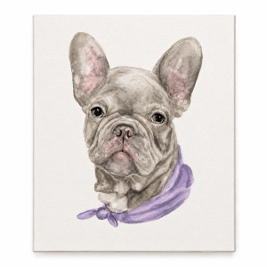 Hand-painted French Bulldog watercolor portrait displayed on a stretched canvas
