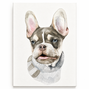 Hand-painted watercolor portrait of a French Bulldog on stretched canvas
