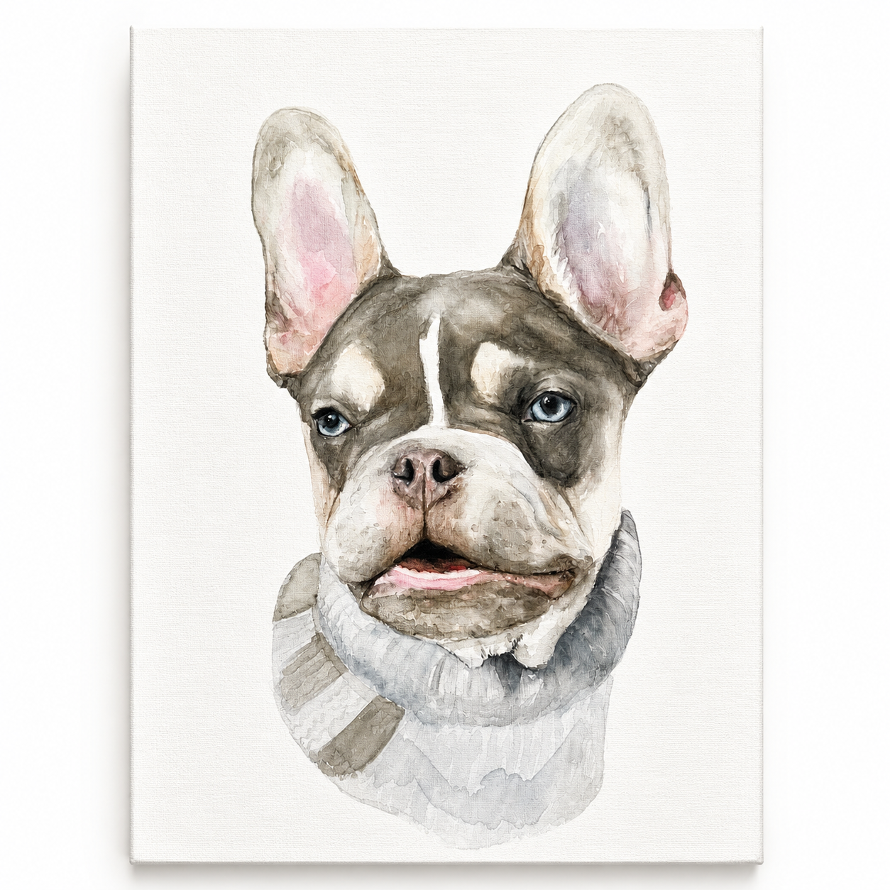 Hand-painted watercolor portrait of a French Bulldog on stretched canvas