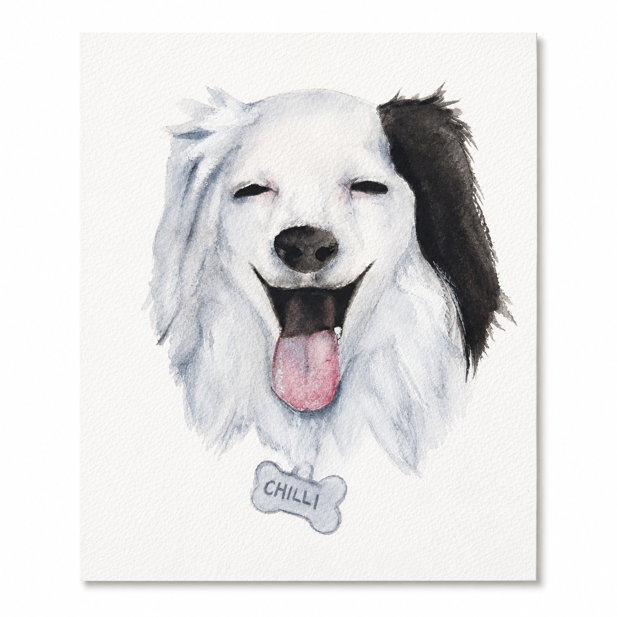 Hand-painted watercolor portrait of a smiling white dog named Chilli on textured watercolor paper