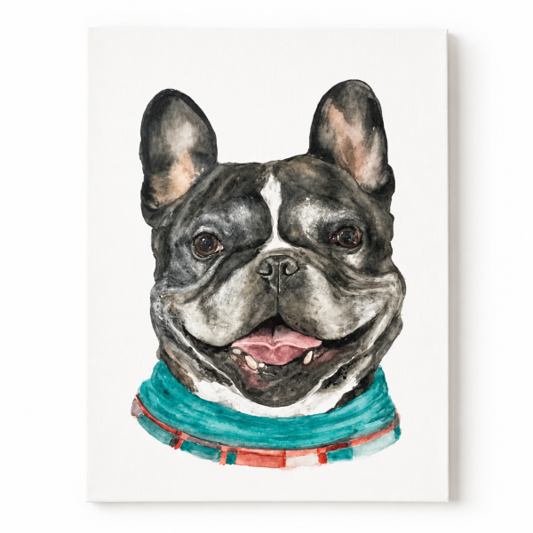 Hand-painted custom watercolor pet portrait featuring a French Bulldog on stretched canvas