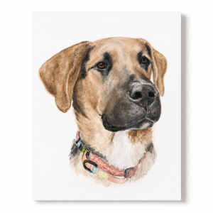 Hand-painted watercolor dog portrait on textured watercolor paper