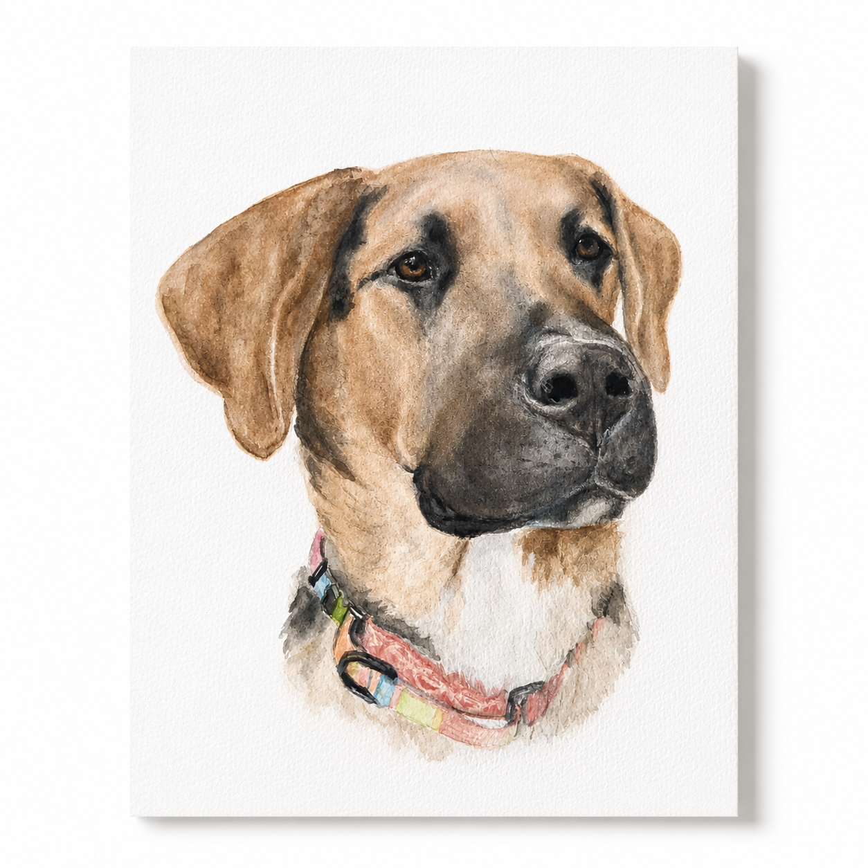 Hand-painted watercolor dog portrait on textured watercolor paper